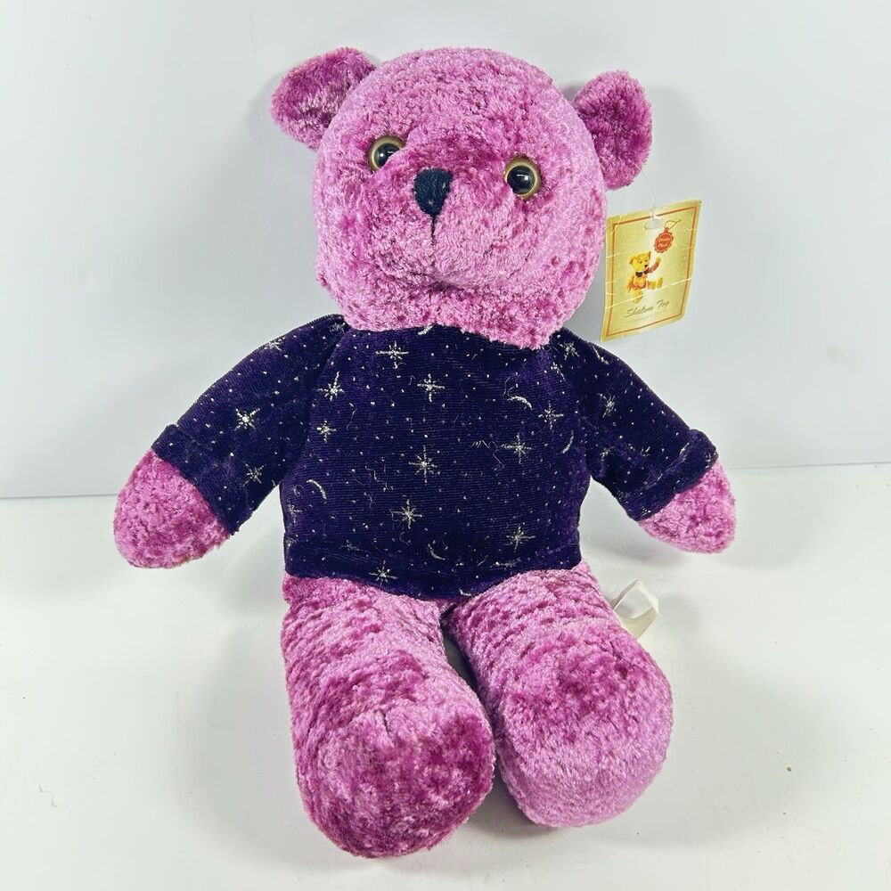 90s Shalom Toy Co Purple Celestial Bear Plush Stars Moon Velvet Sweater Tag